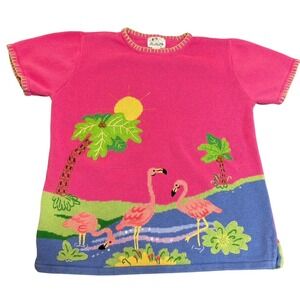 The Quacker Factory Pink Flamingo Knit Sweater Embroidered Felt Applique Large